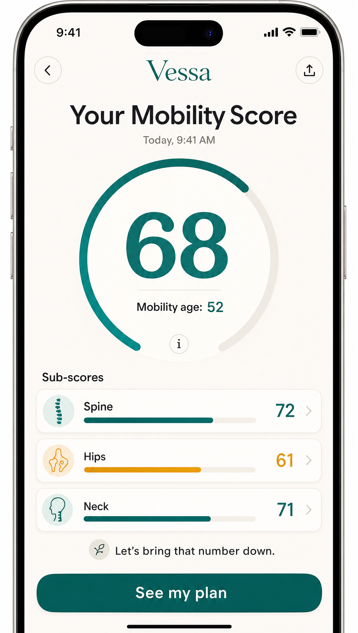 Mobility Score screen